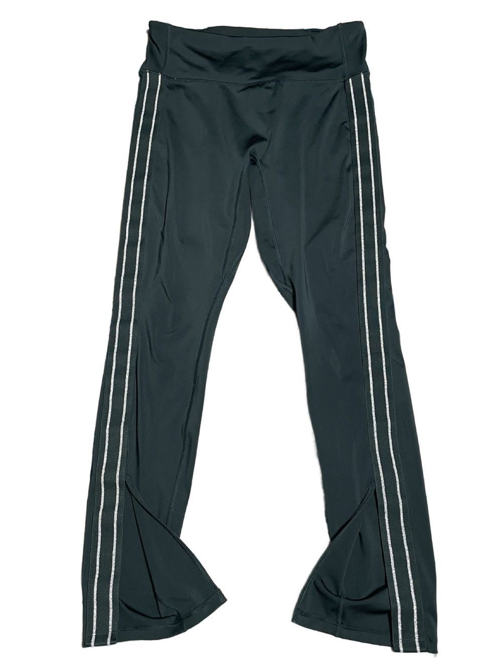 Fabletics High-Waist Split Hem Dark Green Leggings with Sparkly Side Stripe (LG)